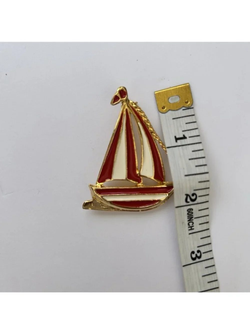 Vintage Sailboat Brooch Pin Nautical Enamel Red White Striped Goldtone Preppy